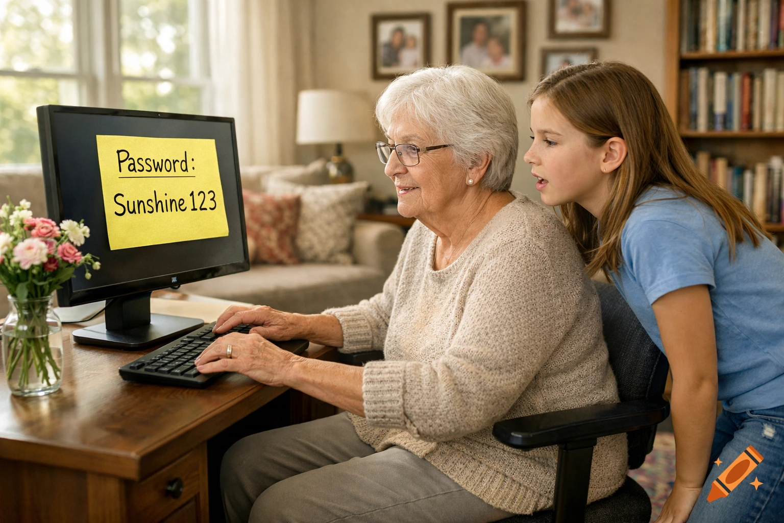 An elderly grandmother and granddaughter at a computer in a cozy living room, a sticky note on the monitor reads 'Password: Sunshine 123'. Photorealistic.