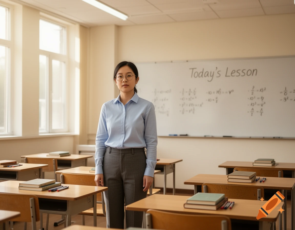 A female teacher stands in a sunlit classroom, facing the viewer with a whiteboard behind her displaying "Today's Lesson" and math problems.