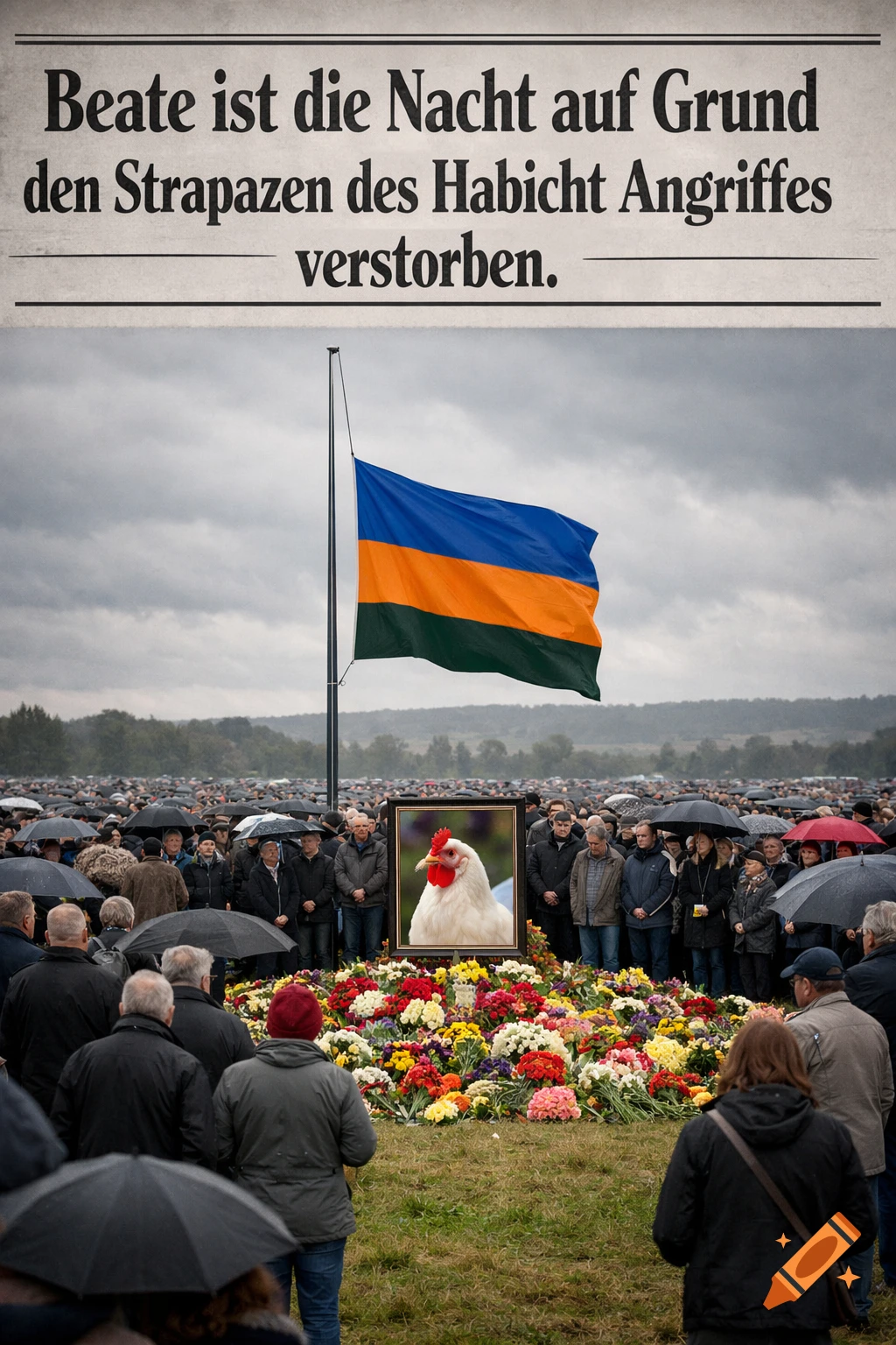 A solemn outdoor funeral for a white chicken named Beate, attended by a large crowd of people under umbrellas. A flag is at half-mast, and colorful flowers surround the chicken's framed portrait. A headline reads about Beate's death due to a hawk attack.