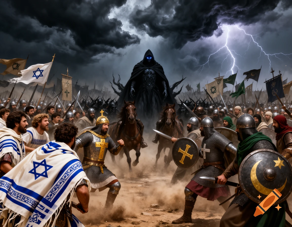 Epic battle under a stormy sky, armies with religious symbols (Star of David, cross, crescent) confront a towering, cloaked dark figure.