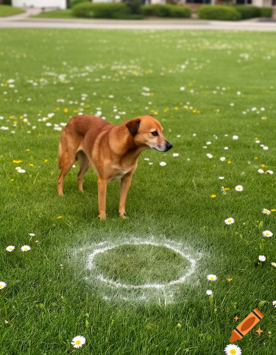 A brown dog stands in a grassy field with white and yellow flowers, looking towards a white chalk circle on the ground.