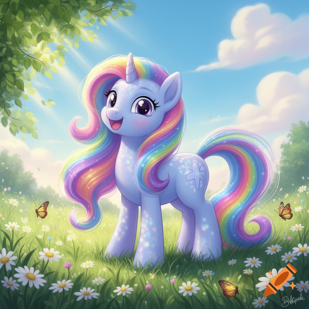 A cute, stylized light purple unicorn with a rainbow mane and tail stands in a sunny field of white daisies with butterflies flying around.