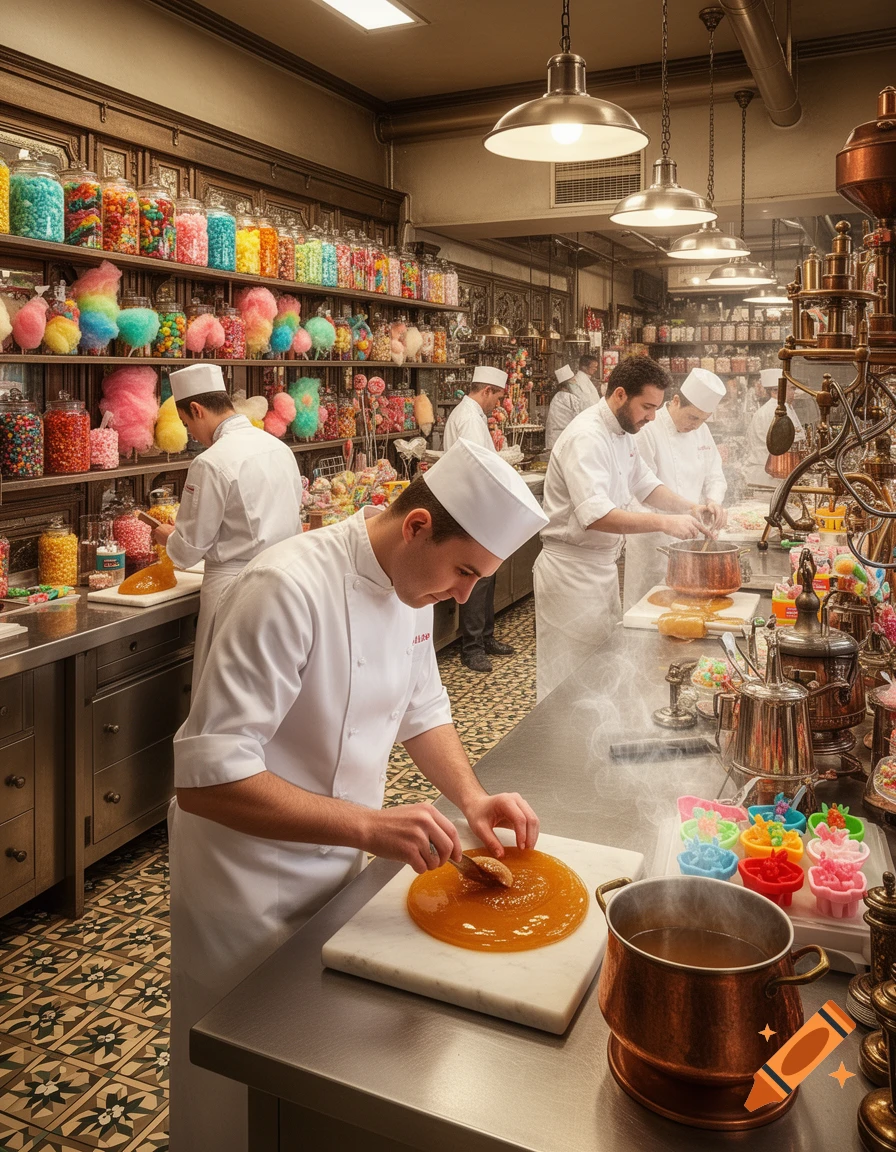Chefs prepare colorful candies in a bustling, old-fashioned candy kitchen filled with jars of sweets.