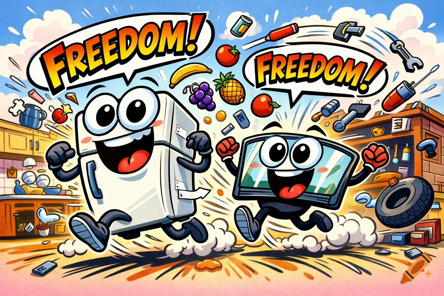 Cartoon fridge and monitor with faces sprint from kitchen and garage, yelling 'Freedom!', with flying fruit and tools.