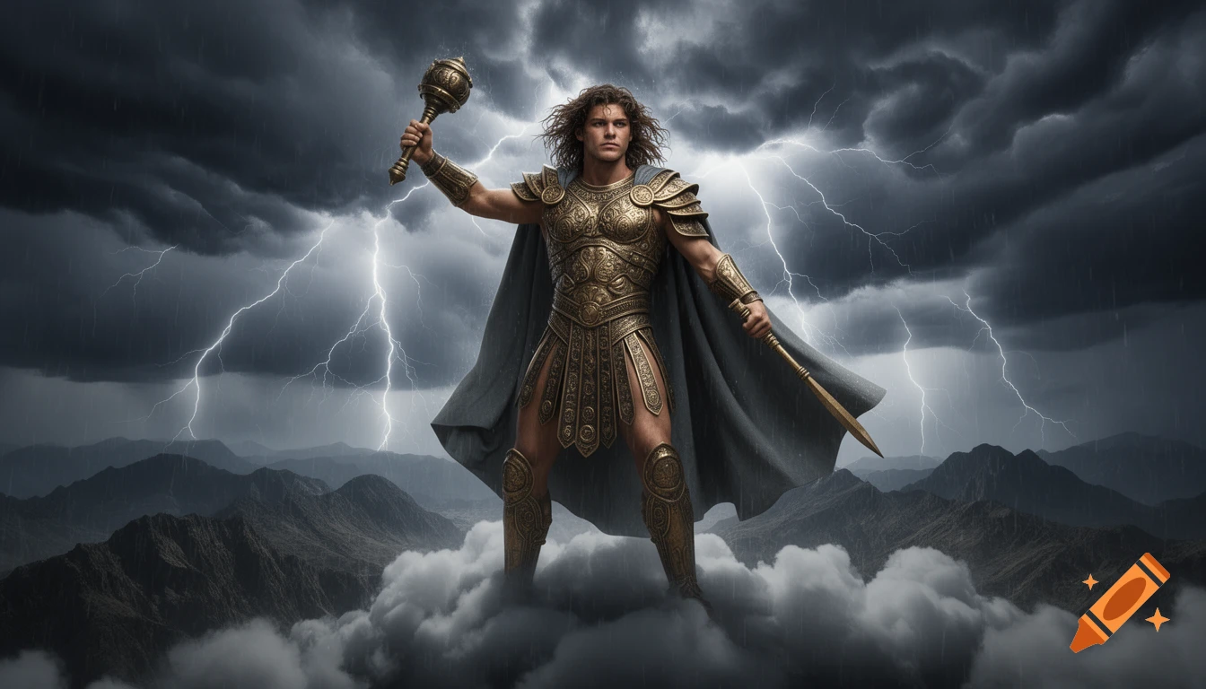 A powerful, armored storm god with wind-tossed hair and cloak stands on dark thunderclouds above mountains, illuminated by lightning.