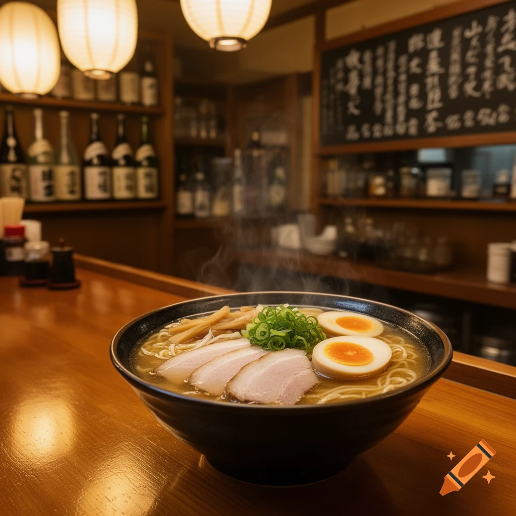 A steaming bowl of ramen with sliced pork, soft-boiled eggs, and green onions sits on a wooden counter in a dimly lit Japanese restaurant, with blurred bottles and a blackboard in the background.