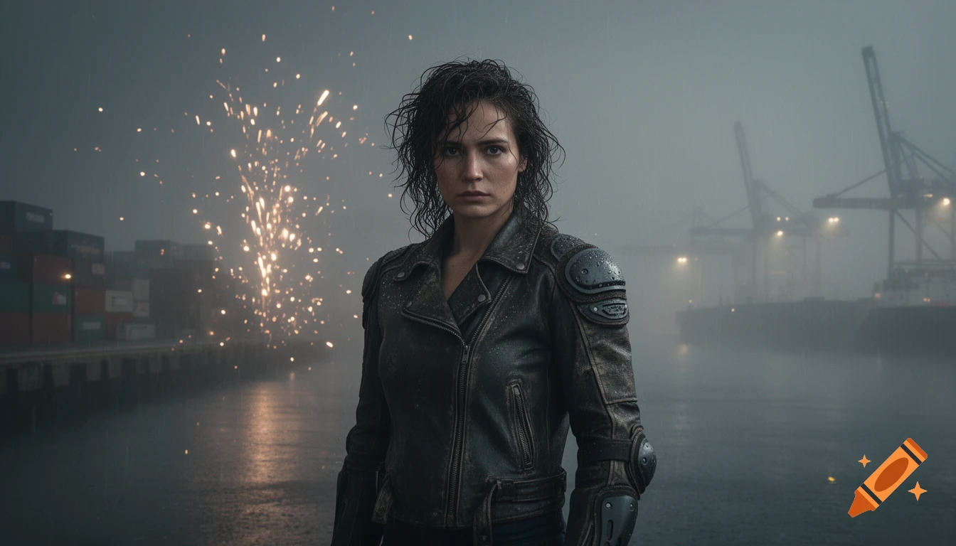 Photorealistic portrait of a determined woman in a wet leather jacket, standing in a rainy, foggy harbor with sparks flying in the background.