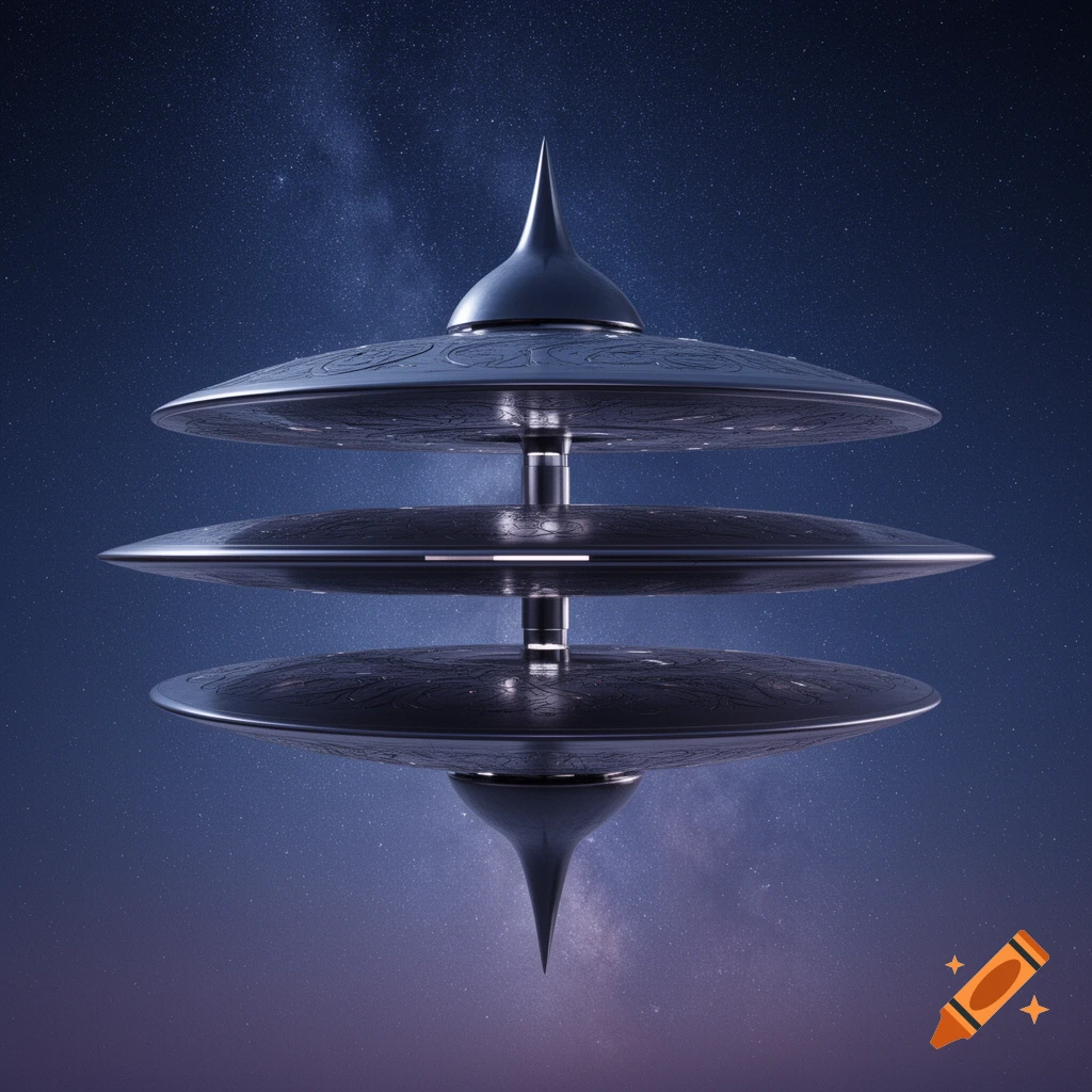 A futuristic UFO with three stacked, patterned discs connected by a central column, against a dark blue starry night sky.
