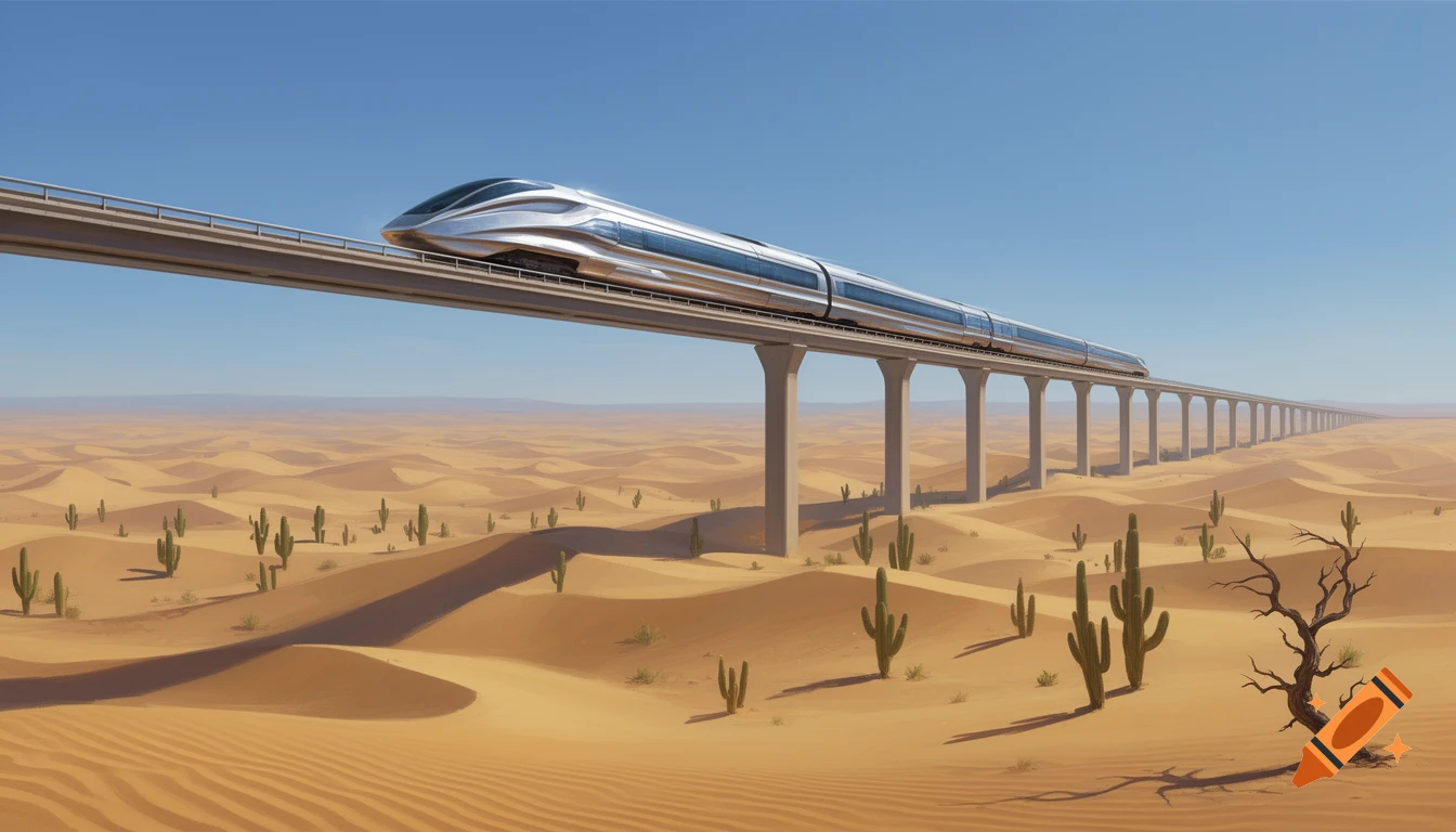 A sleek silver futuristic train travels on a long elevated track across a vast desert landscape with sand dunes and cacti under a clear blue sky.