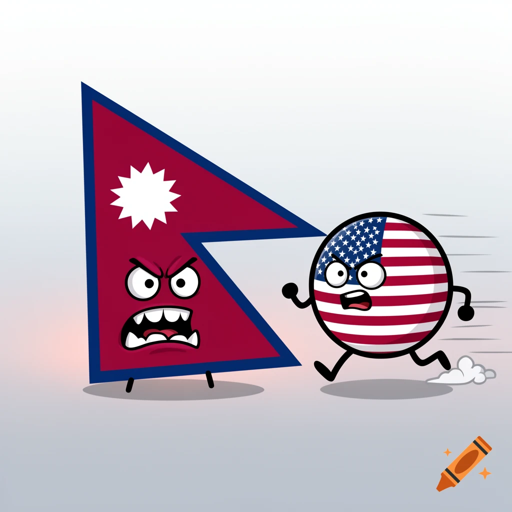 An angry, triangular Nepal flag cartoon character with teeth chases a scared, round USA flag character that is running.