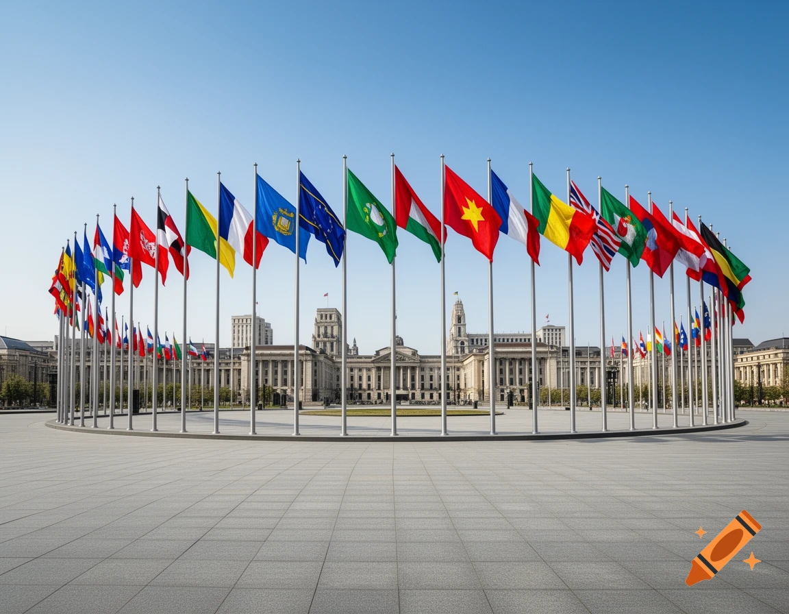 A circle of international flags flying in a large paved plaza with a stately building in the background.