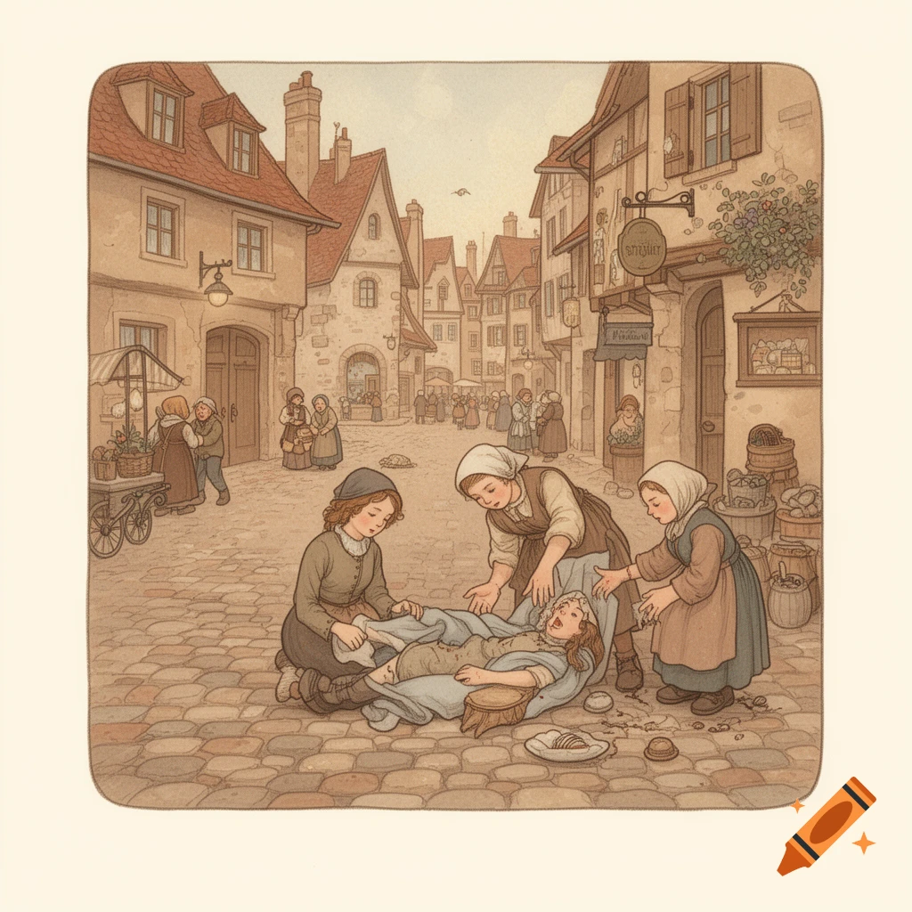 Illustrative scene of women helping an injured woman on a cobblestone street in a charming old European town.