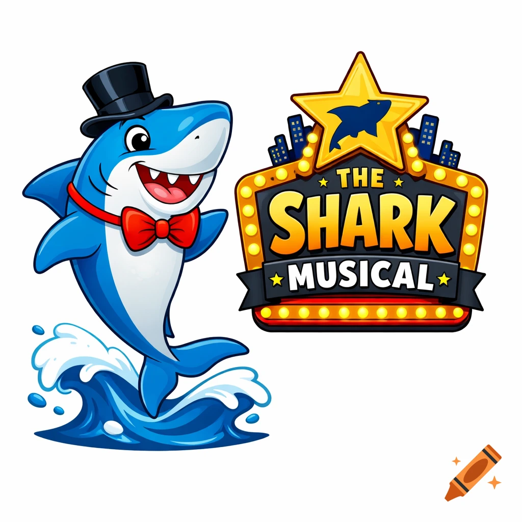Vibrant cartoon shark in a top hat and bow tie on a wave, next to a Broadway marquee reading "The Shark Musical".