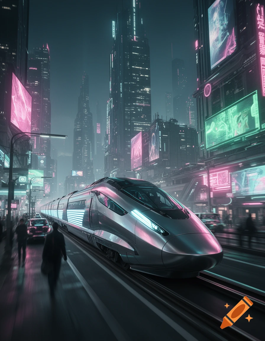 A futuristic silver train with glowing blue lights speeds through a neon-lit cyberpunk city at night with towering skyscrapers.