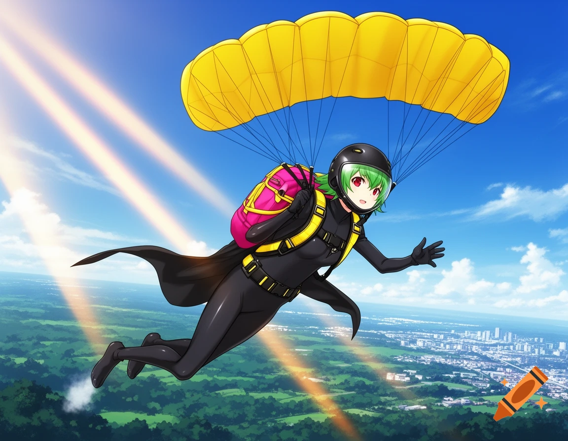 Anime girl in a black catsuit, helmet, and yellow parachute descents over a city and forest, bathed in sun rays.