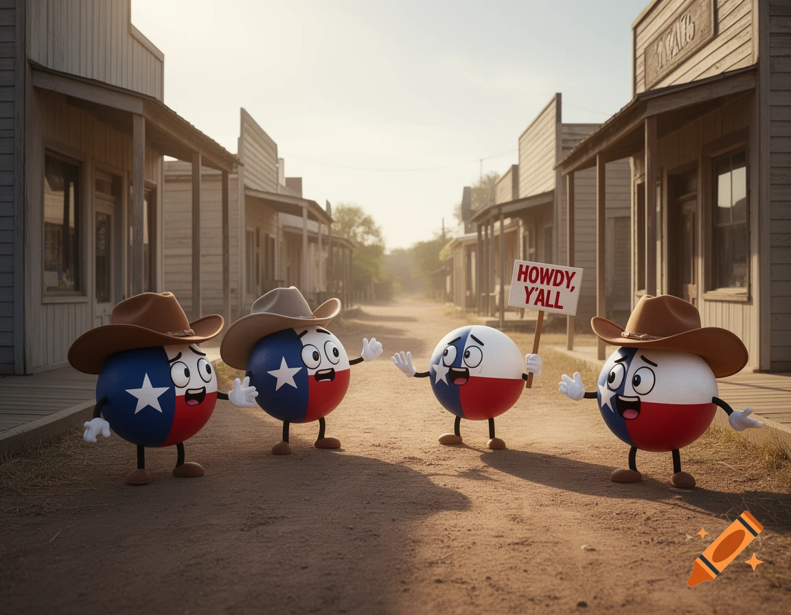 Four cartoon Texas flag characters in cowboy hats greet on a dusty Wild West street, one holding a 'HOWDY, Y'ALL' sign.