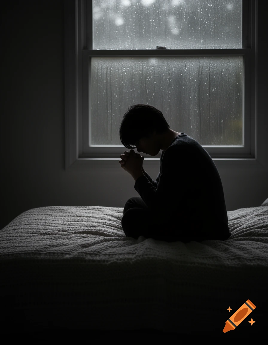 Silhouette of a person sitting on a bed by a rainy window in a dark room, hands clasped.