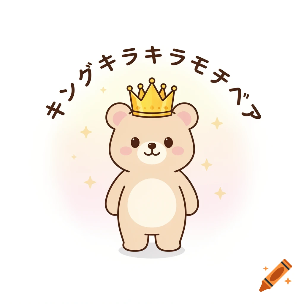 A cute cartoon bear wearing a golden crown, surrounded by sparkles, with Japanese text 'キングキラキラモチベア' above it.
