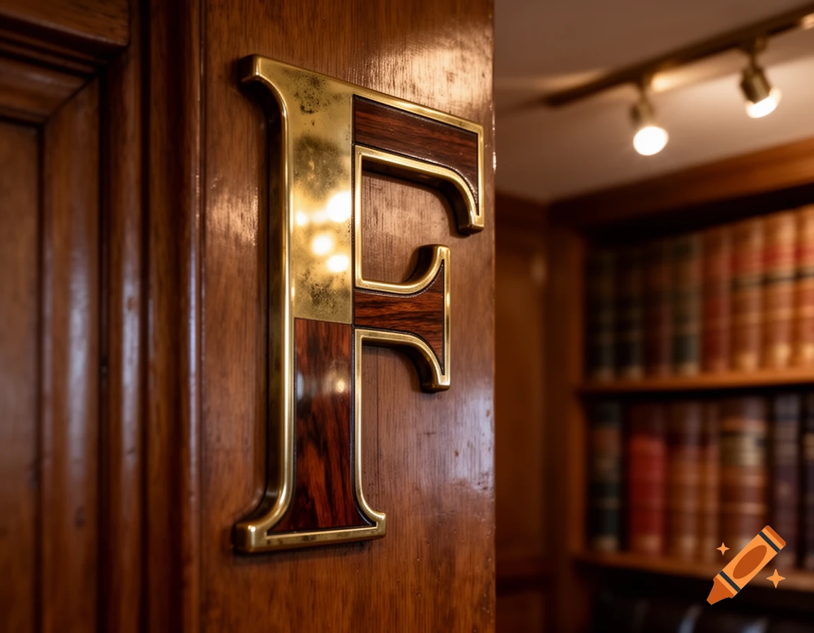 A large brass and wood letter 'F' mounted on a wooden door, with blurred bookshelves and light fixtures in the background.