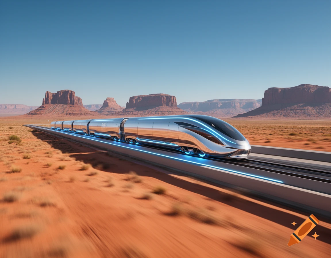 A sleek, silver futuristic train with blue lights speeds through a vast desert landscape with red rock formations.
