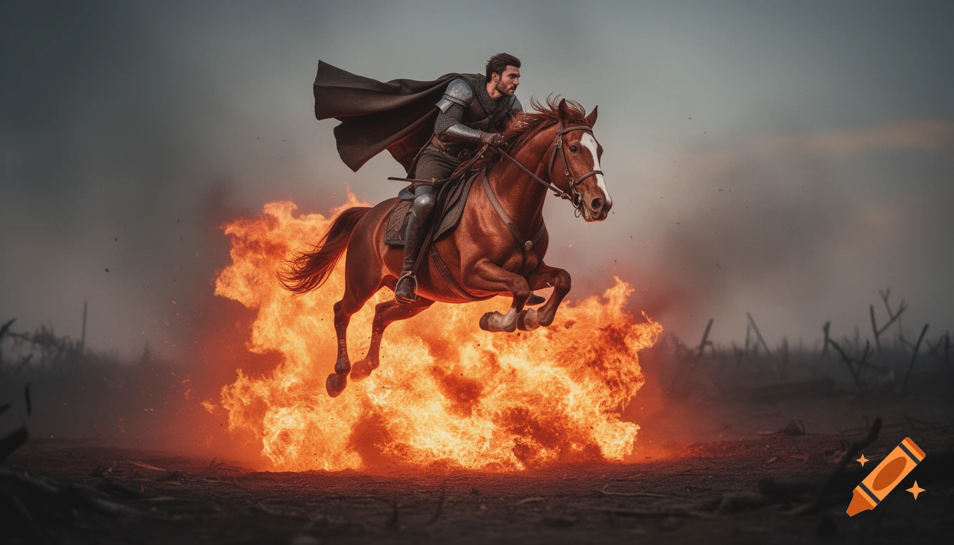 A knight in armor on a brown horse, with a flowing cape, leaps over a fiery explosion in a desolate, smoky landscape.