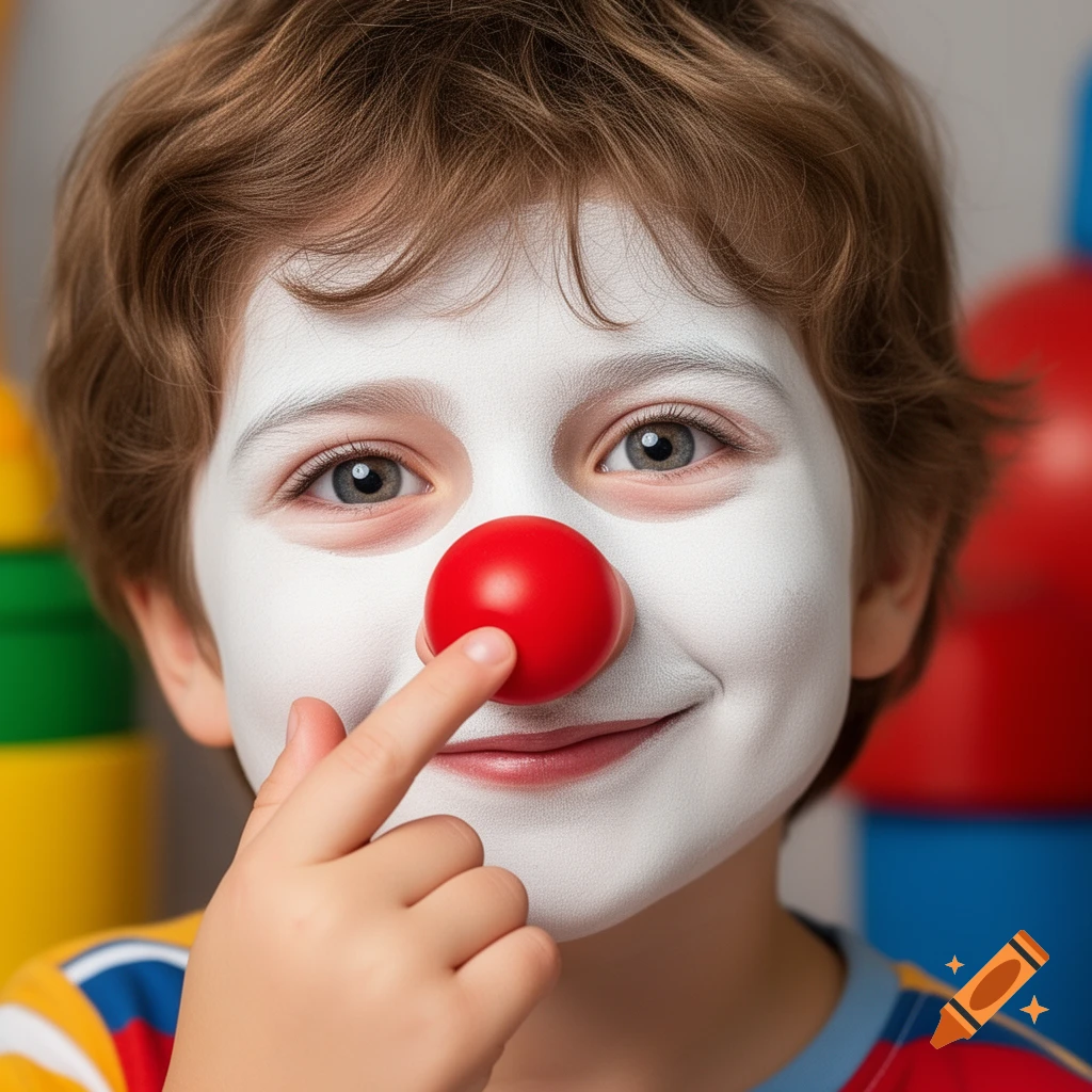 A young boy with white face paint, a red clown nose, smiling and touching his nose.