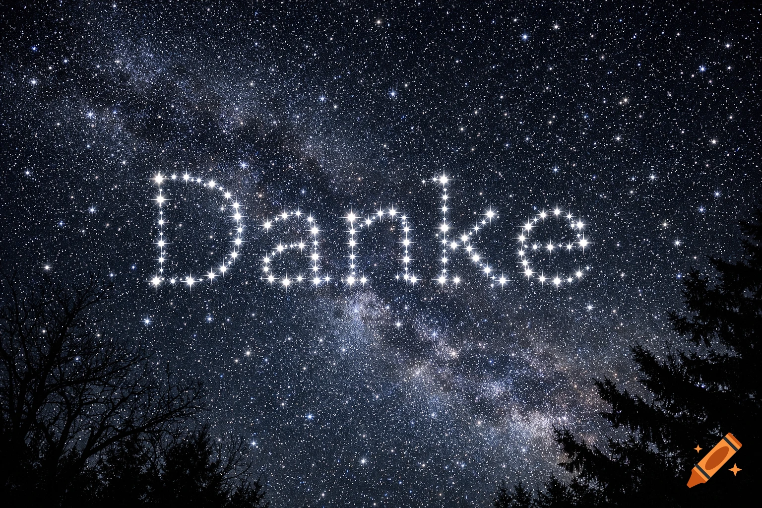The word 'Danke' (Thank you) spelled out in bright stars against a dark night sky with the Milky Way and silhouetted trees.