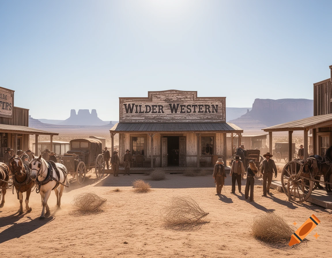 A wide shot of a dusty Wild West town with people, horses, and wagons under a clear sky. A building with 'WILDER WESTERN' sign stands in the center.