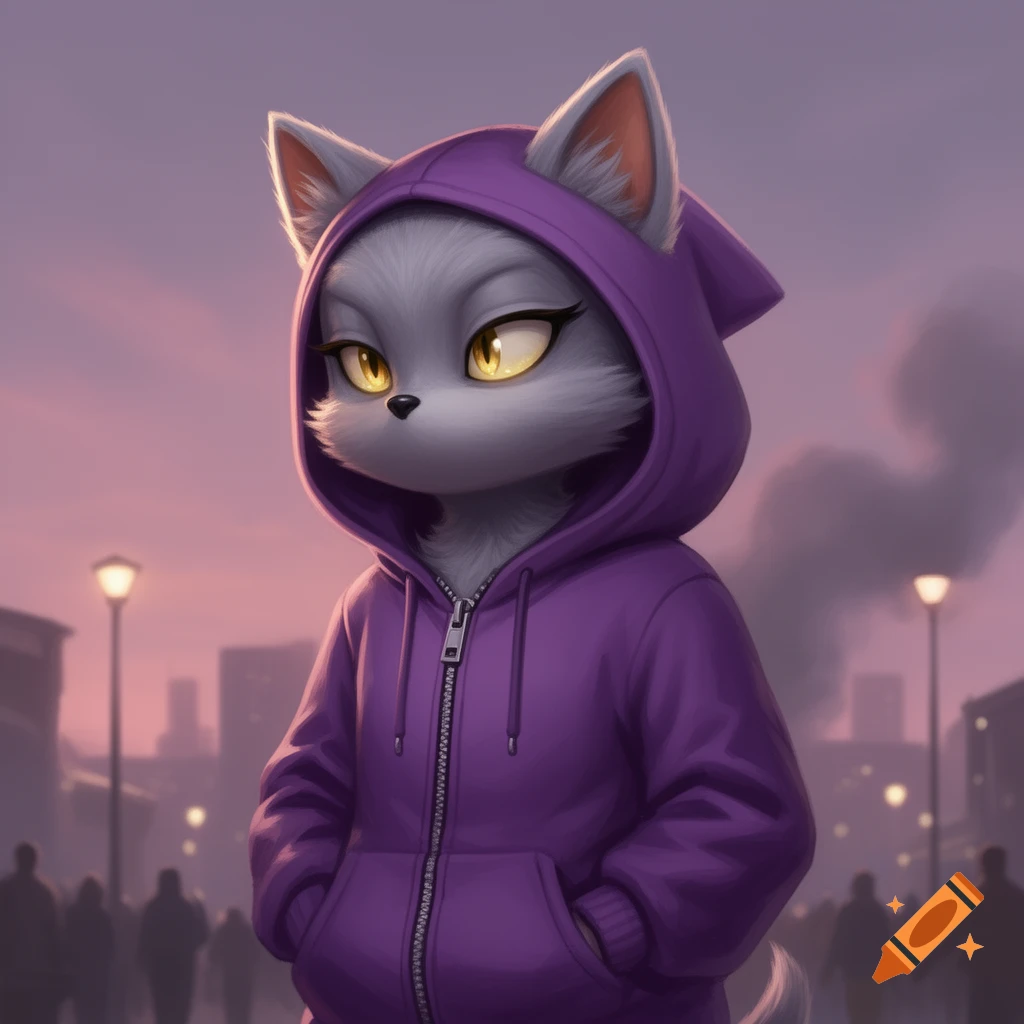 Anthropomorphic gray cat with glowing yellow eyes in a purple zip-up hoodie, hands in pockets, standing on a city street at dusk.