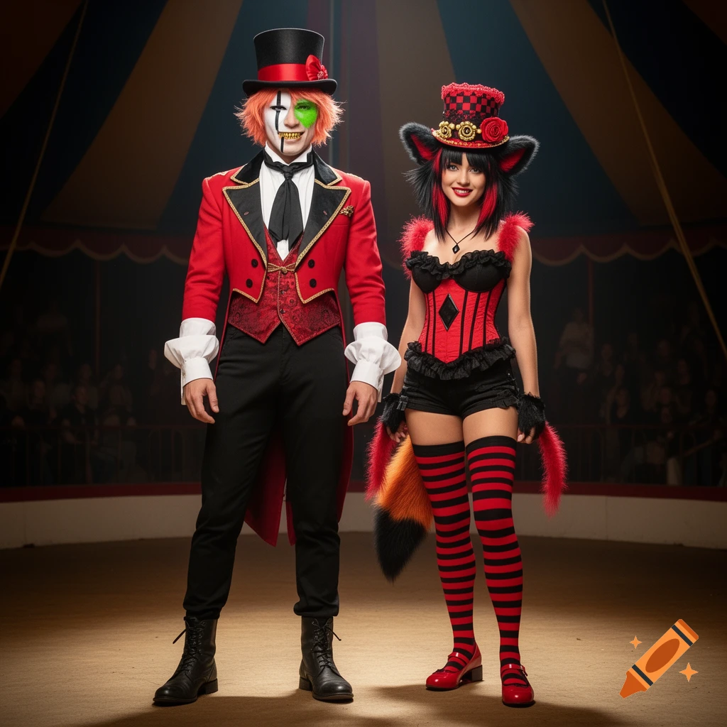 A male ringmaster with a green eye and a female fox-hybrid in a corset and striped socks stand in a circus tent.