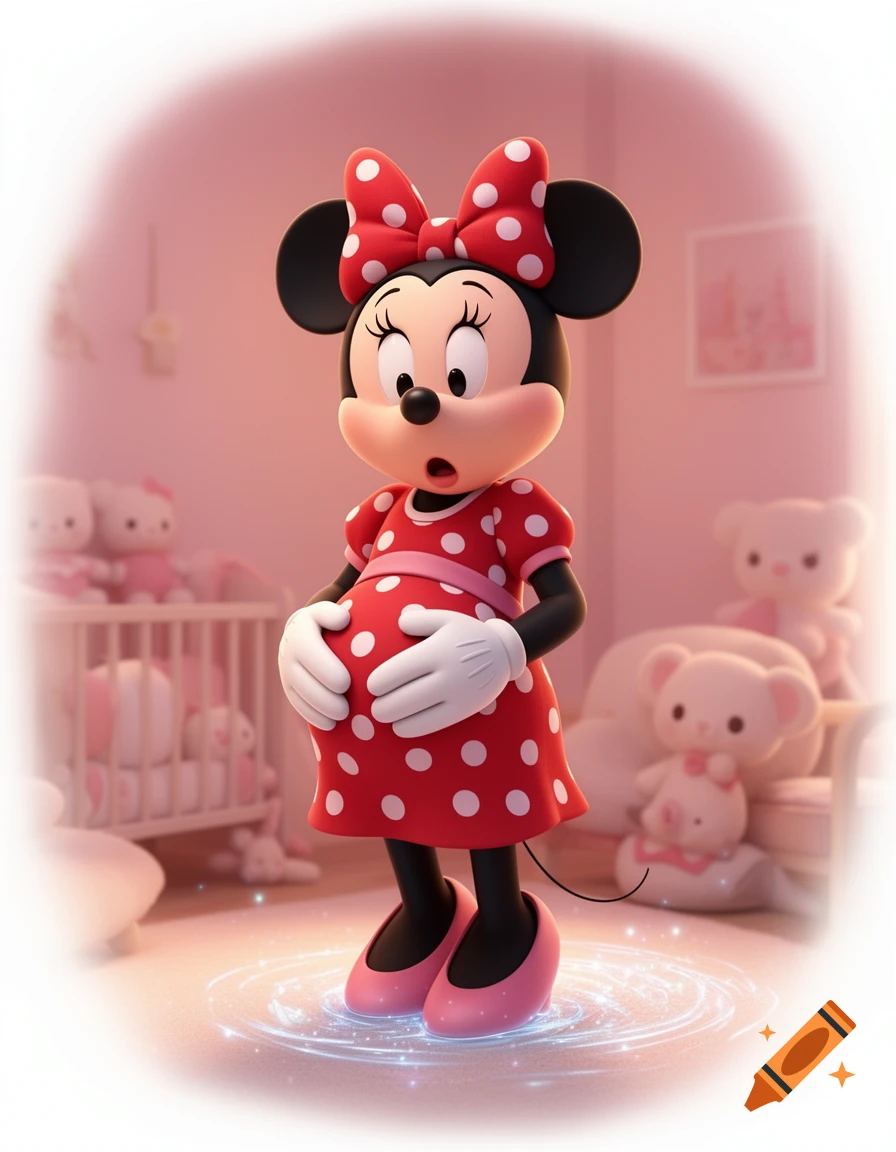 3D render of pregnant Minnie Mouse in her red polka dot dress, hands on her belly, with a surprised expression in a pink nursery.