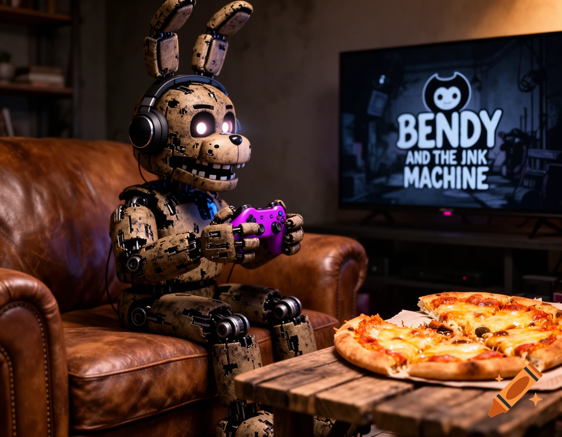 Springtrap, an animatronic bunny, wears headphones and plays "Bendy and the Ink Machine" on a TV, sitting on a leather couch with a pizza nearby.