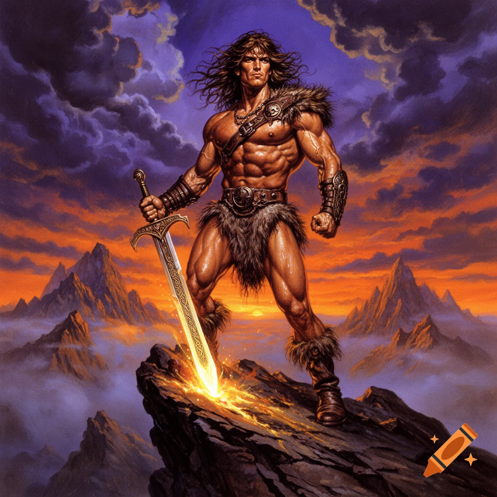 Muscular fantasy warrior on a mountain peak, holding a glowing sword ...