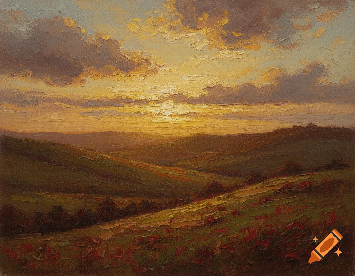 An oil painting depicting a vibrant sunset over rolling green hills ...