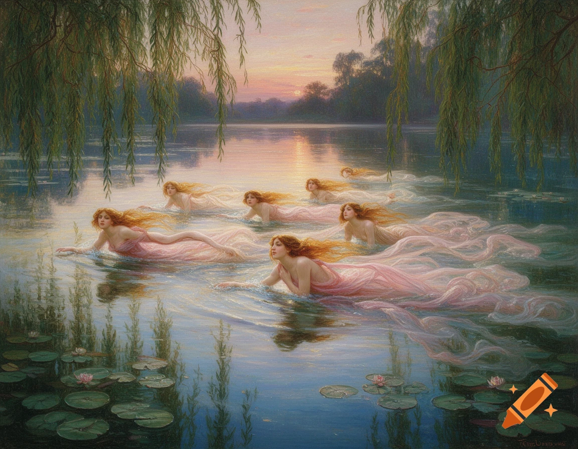 A classical painting of several nymphs with long red hair and flowing pink and white drapery swimming in a lake at sunset, surrounded by lily pads and weeping willows.