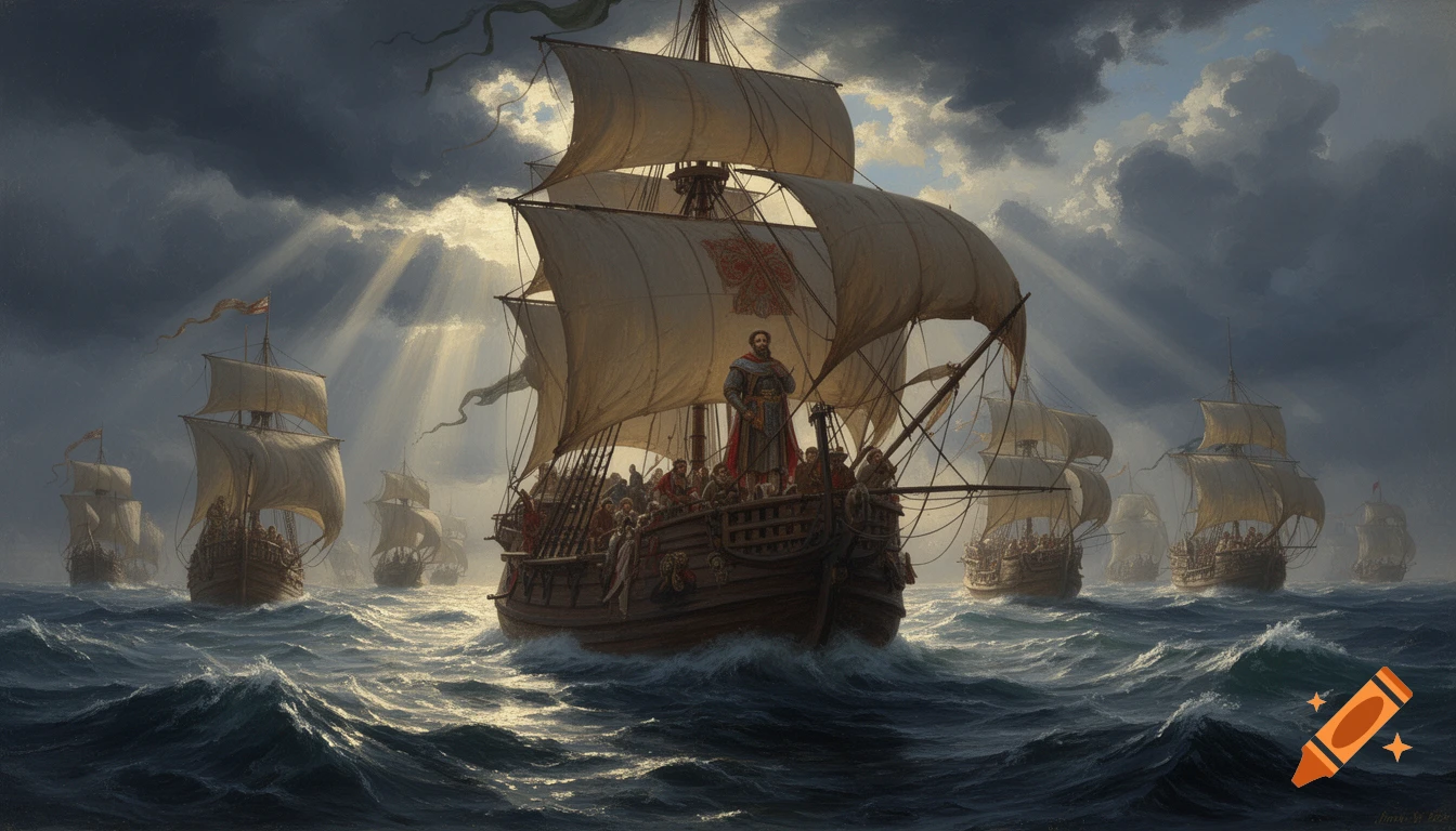 A fleet of historical sailing ships on a stormy ocean, with rays of light breaking through dark clouds, in a realistic painting style.
