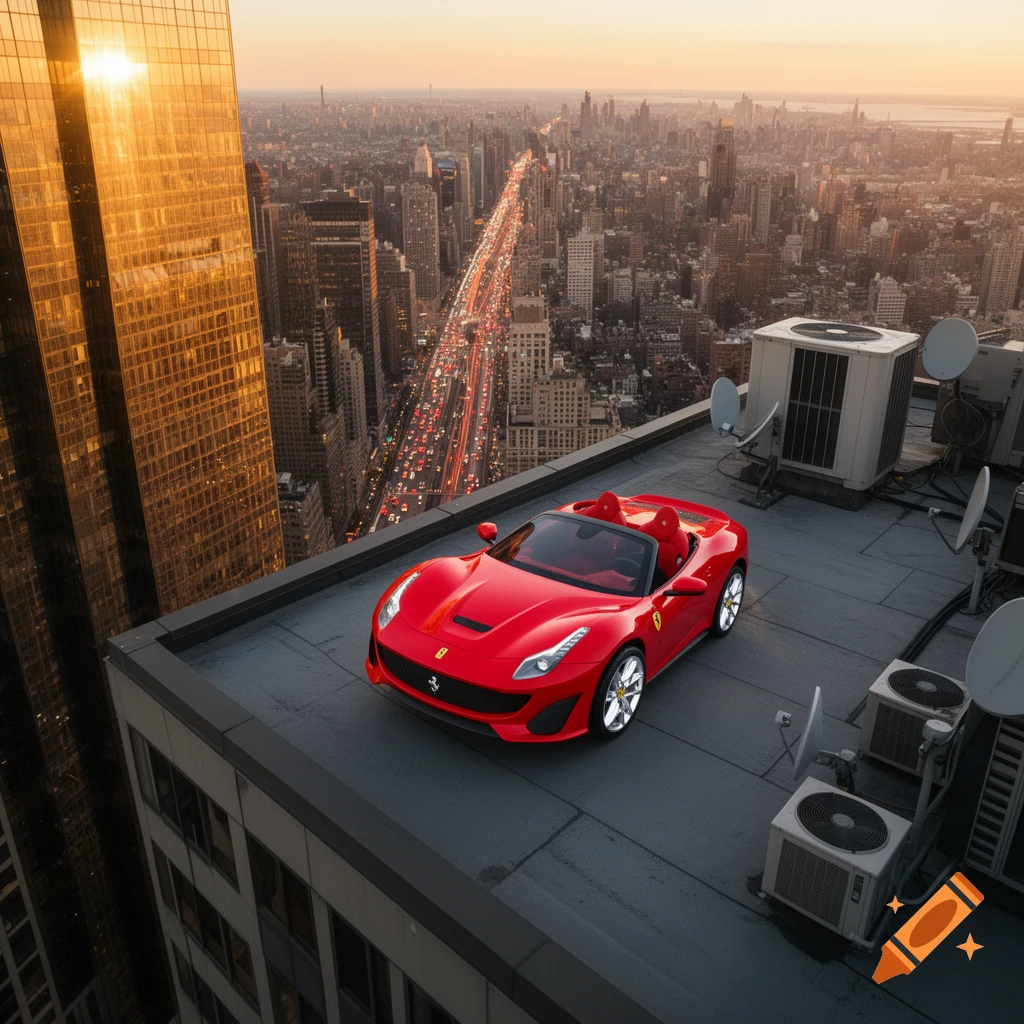 Ferrari Rooftop Racetrack Red Ferrari convertible parked on a high-rise rooftop overlooking a ...