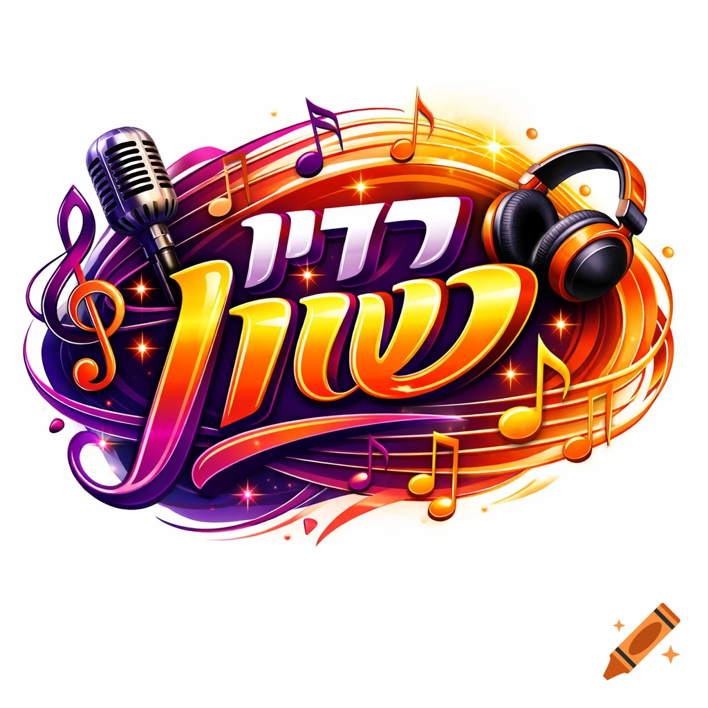 Vibrant logo for "Radio Shawn" with Hebrew text, a microphone, headphones, musical notes, and a treble clef, all in a glossy, gradient style.