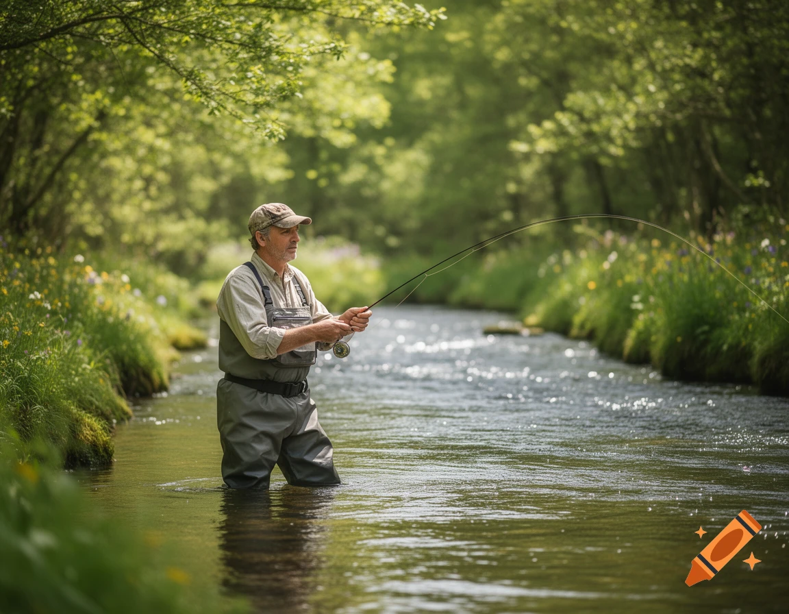 A man in waders fly fishing in a clear, shallow stream surrounded by lush green trees on a sunny day.