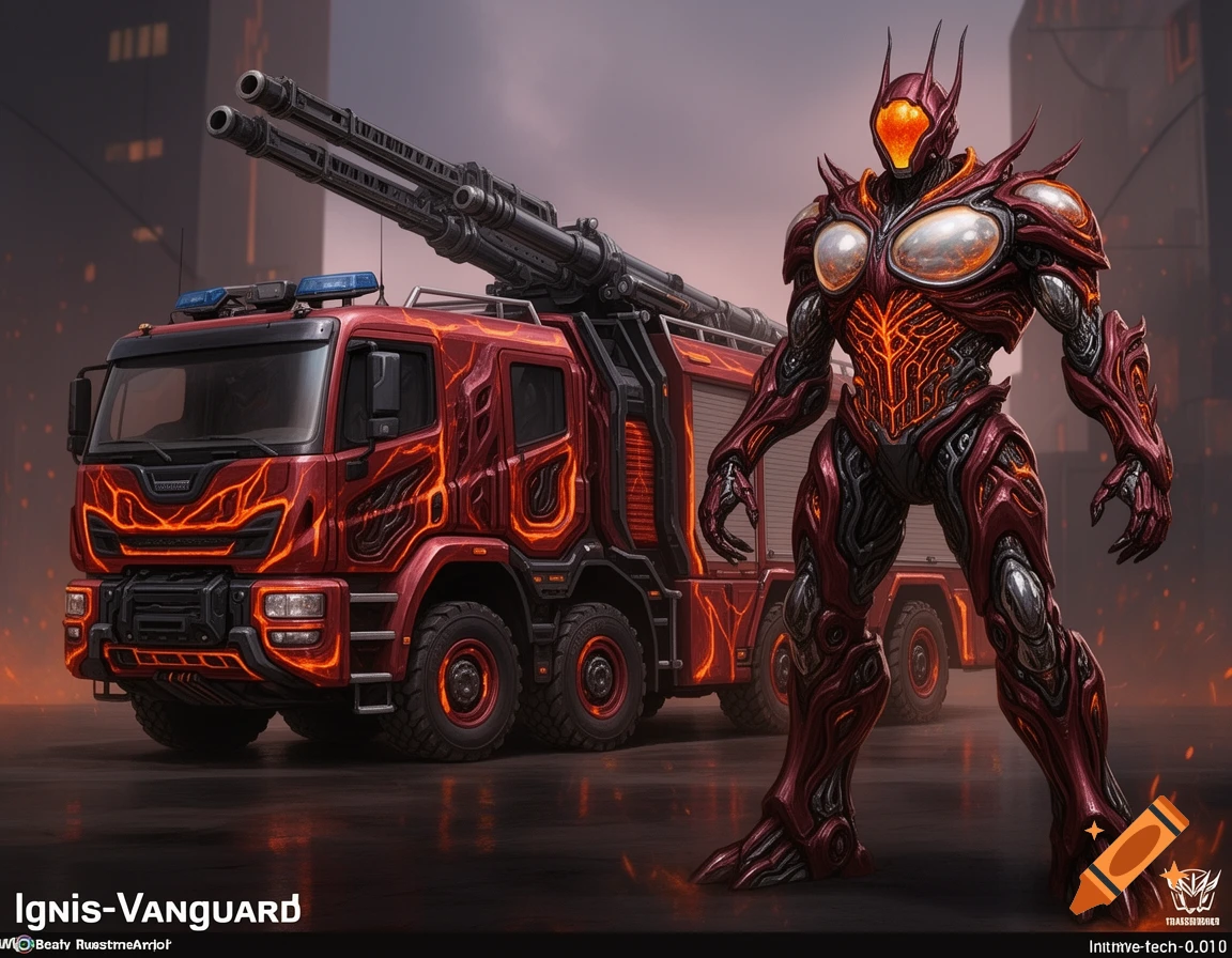A stylized red and black robot with glowing orange details stands next to a matching futuristic fire truck with large cannons on top, set against a dark city backdrop.