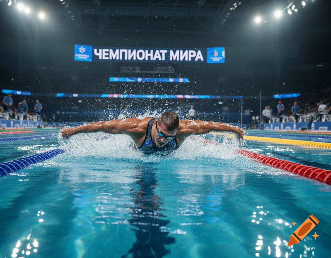 A male swimmer performs the butterfly stroke, splashing water, in a brightly lit indoor swimming pool during a competition.