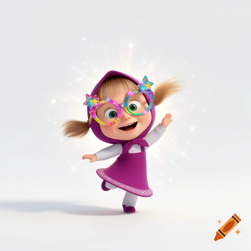A cheerful animated Masha from Masha and the Bear dances, wearing colorful star-shaped party glasses against a white background.