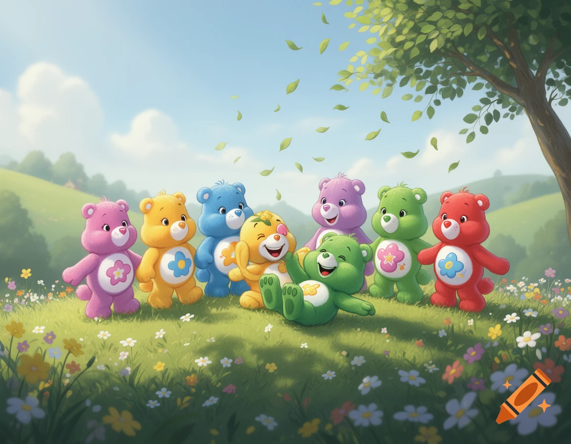 Seven colorful cartoon bears, resembling Care Bears, in a sunny, grassy field with flowers and a tree. One green bear lies laughing on its back while others stand around.