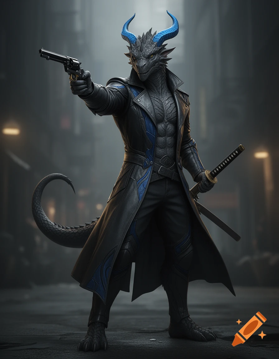 A black dragonborn in a leather trenchcoat with blue highlights aims a pistol and holds a katana in a dark urban setting.