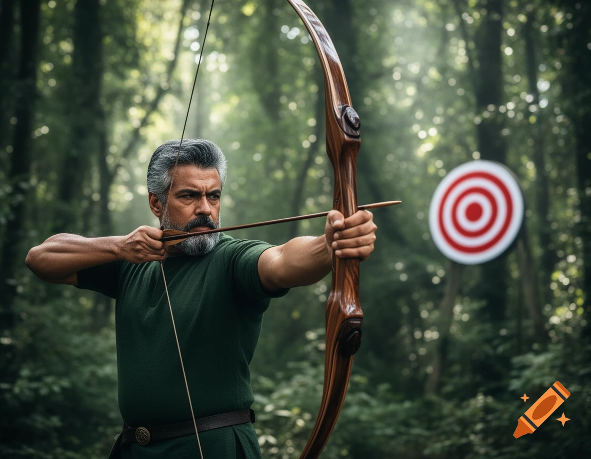 A man with graying hair and a beard aims a large traditional bow and arrow at a target in a sunlit forest.