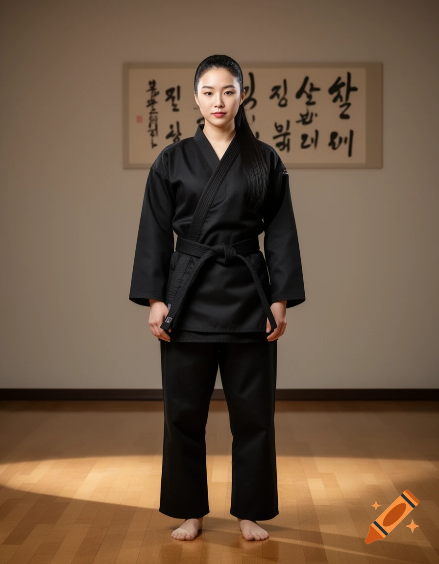 A Korean woman in a black karategi with a black belt stands facing forward, with traditional calligraphy in the background.