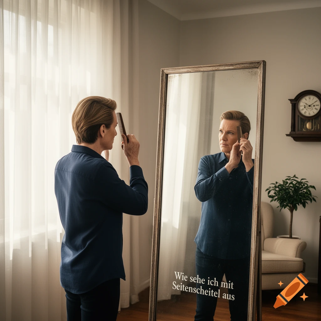 A man with light brown hair combs his hair while looking at his reflection in a full-length mirror, showing text on the mirror.