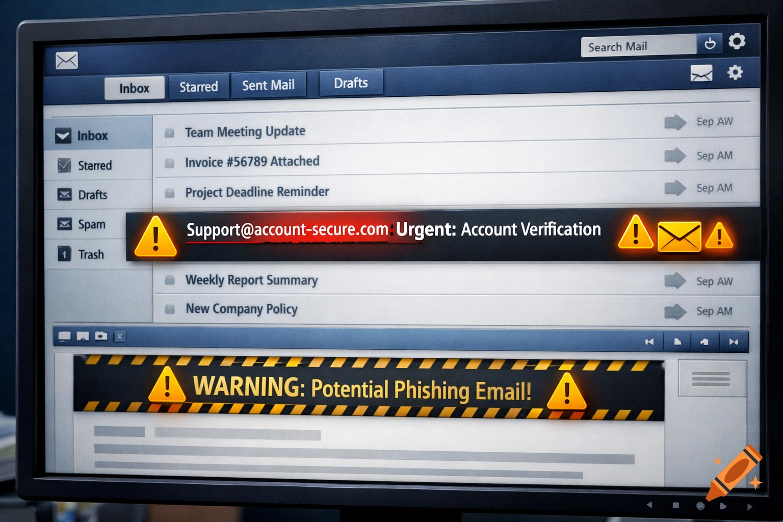 A close-up of a computer screen displaying an email inbox. A phishing email is highlighted in red, labeled 'Support@account-secure.com Urgent: Account Verification', with a 'WARNING: Potential Phishing Email!' banner below it.