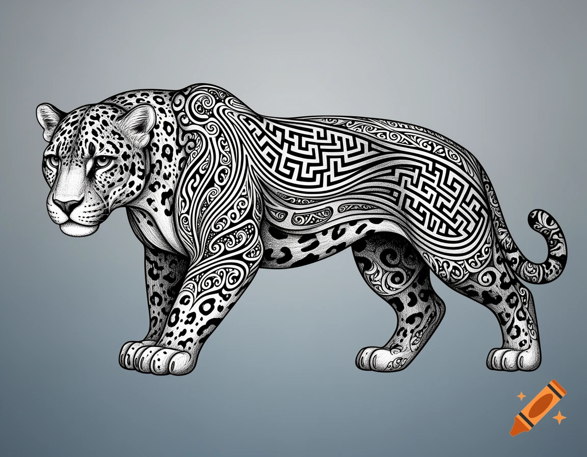 A black and white Zentangle art illustration of a jaguar, adorned with intricate geometric and swirling patterns, on a plain grey background.