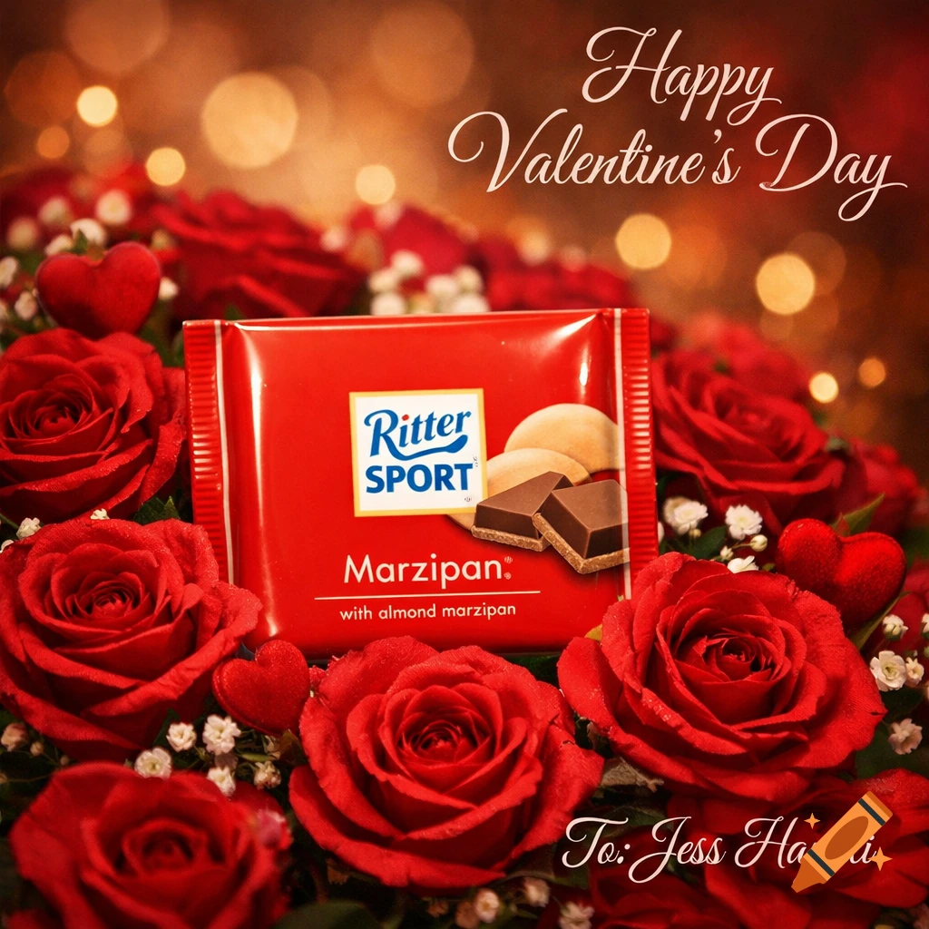 Ritter Sport Marzipan chocolate bar nestled among red roses and hearts, with 'Happy Valentine's Day' and 'To: Jess Hayati'.